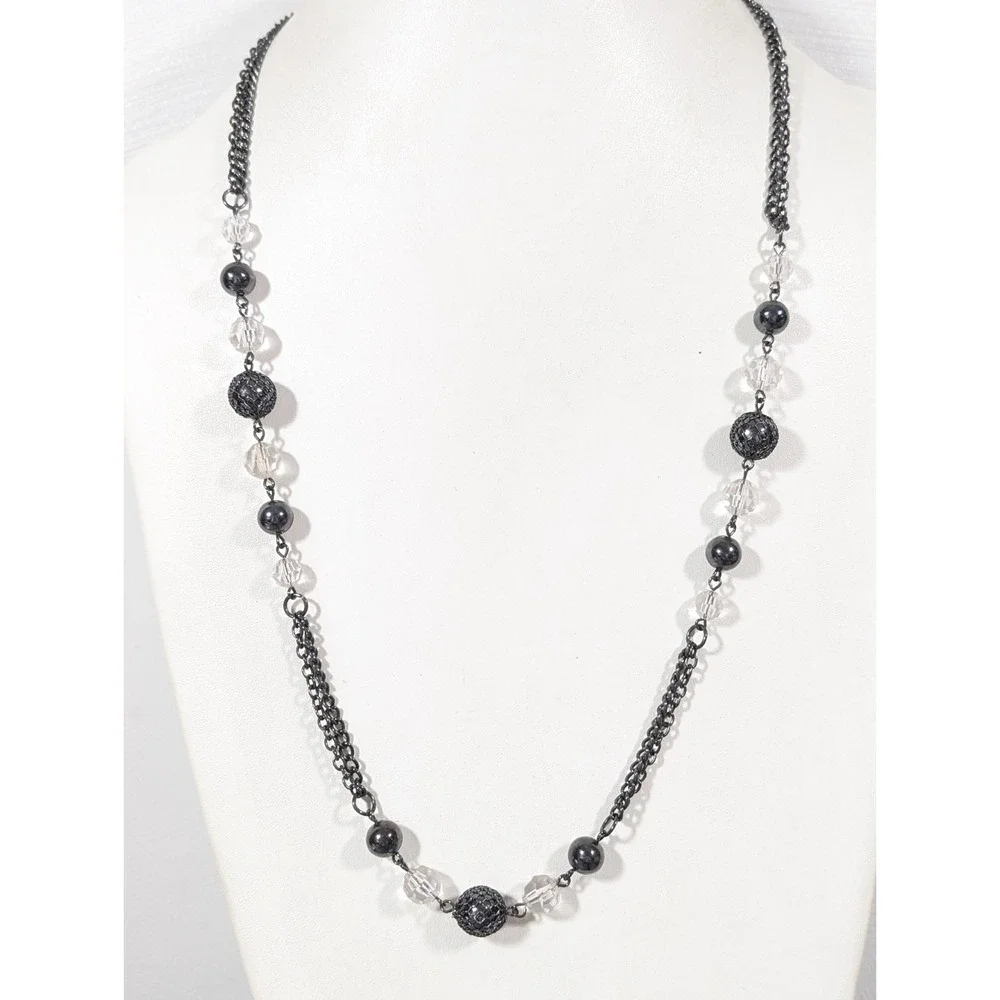 Gunmetal Black & Clear Beaded Necklace Faceted Acrylic Long‎ Layering 30 in
